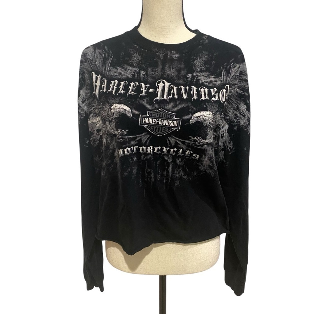 Harley-Davidson Y2K Long Sleeve Tee Sz XL Black Oversized Crop Biker Apil’s Logo